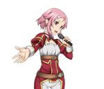  breasts cleavage hair_ornament hairclip holding holding_microphone lisbeth lisbeth_(sao-alo) looking_at_viewer medium_breasts microphone official_art open_mouth outstretched_arm pants pink_hair red_eyes short_hair solo standing sword_art_online sword_art_online:_code_register transparent_background white_pants 
