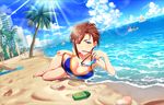  artist_request beach bikini breasts brown_hair building cleavage day earrings green_eyes hermit_crab idolmaster idolmaster_cinderella_girls idolmaster_cinderella_girls_starlight_stage jewelry kiba_manami large_breasts official_art outdoors palm_tree short_hair swimsuit tan tree water 