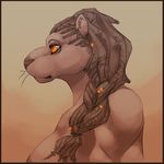  amber_eyes anthro areola breasts brown_hair brown_nose bust_portrait dreadlocks feline female gradient_background hair hair_ornament hi_res jinash lion looking_away mammal muscular nude orange_eyes portrait rochelle_barnette side_view simple_background solo whiskers 