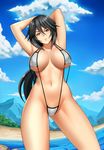  alternate_costume armpits arms_behind_head arms_up ass_visible_through_thighs bangs beach black_hair blue_sky breasts breasts_apart brown_eyes cloud collarbone commentary cowboy_shot day groin groin_tendon hair_between_eyes head_tilt hips infinite_stratos large_breasts legs_apart long_hair looking_at_viewer metalbolic mountain mountainous_horizon navel orimura_chifuyu outdoors parted_lips rock sideboob sky slingshot_swimsuit solo standing stomach strap_gap swimsuit thighs tree tsurime underboob white_swimsuit 