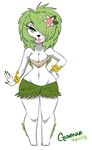  anthro anthrofied big_breasts black_nose breasts clothed clothing eyebrows eyelashes flower flower_in_hair giovanna_white grass_skirt grass_top green_eyes green_hair hair hair_over_eye legendary_pok&eacute;mon lipstick looking_at_viewer makeup nintendo plant pok&eacute;mon shaymin simple_background smile solo video_games white_background white_body wide_hips 