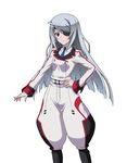  blue_neckwear eyepatch hand_on_hip highres infinite_stratos laura_bodewig long_hair looking_at_viewer military military_uniform necktie pants red_eyes silver_hair simple_background solo standing uniform very_long_hair white_background 