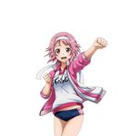  :d blue_buruma buruma clenched_hands cowboy_shot gym_uniform headband lisbeth lisbeth_(sao-alo) looking_at_viewer official_art open_mouth outstretched_arm pink_hair pink_sweater red_eyes shiny shiny_skin short_hair smile solo standing sweater sword_art_online sword_art_online:_code_register transparent_background 
