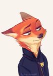  2016 anthro badge bust_portrait canine clothed clothing disney english_text fox fur green_eyes half-closed_eyes hi_res looking_down male mammal necktie nick_wilde orange_fur police_officer portrait simple_background solo taka-maple text white_background zootopia 