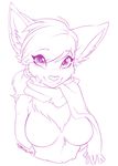  2014 anthro breasts canine chest_tuft fangs featureless_breasts female fennec fox half-length_portrait hi_res looking_at_viewer mammal monochrome nude pollo-chan ponytail portrait scarf simple_background smile solo tuft white_background 