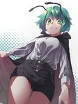  antennae bangs black_shorts breasts buttons cape closed_mouth commentary_request cowboy_shot green_eyes green_hair highres long_sleeves looking_at_viewer medium_breasts nose reiga_(act000) shirt short_hair short_shorts shorts smile solo thigh_gap touhou white_shirt wriggle_nightbug 