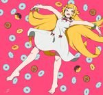  artist_name barefoot blonde_hair commentary_request doughnut dress food highres long_hair looking_at_viewer monogatari_(series) open_mouth oshino_shinobu outstretched_arms sasha_f solo spread_arms sundress white_dress yellow_eyes 