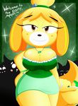 animal_crossing anthro big_breasts breasts canine cleavage clothed clothing dog duo hair huge_breasts isabelle_(animal_crossing) mammal nintendo seductive_look slickehedge smile solo_focus standing video_games 