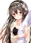  admiral_(kantai_collection) arm_hug black_hair black_shirt blush bow brown_eyes closed_mouth collarbone commentary_request couple eyebrows_visible_through_hair hair_ornament hairband hairclip haruna_(kantai_collection) hetero jacket jewelry kantai_collection long_hair looking_at_viewer necklace nogi_takayoshi open_clothes open_jacket out_of_frame shiny shiny_hair shirt simple_background smile solo_focus tareme very_long_hair white_background white_bow white_hairband white_jacket 