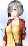  ? anchor_necklace between_breasts blue_eyes breasts camera casual eyes_visible_through_hair grey_hair hair_ornament hair_over_one_eye hairclip hamakaze_(kantai_collection) jewelry kantai_collection kanzaki_muyu large_breasts pendant strap_cleavage upper_body 