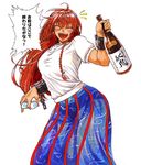  ahoge alcohol arched_back bangs blue_skirt blush bottle braid breasts cosplay cowboy_shot cuffs cup happy hips hong_meiling hoshiguma_yuugi hoshiguma_yuugi_(cosplay) koyubi_(littlefinger1988) large_breasts long_hair long_skirt muscle muscular_female open_mouth puffy_short_sleeves puffy_sleeves red_hair sake_bottle see-through shackles shiny shiny_hair shirt short_sleeves simple_background skirt solo striped striped_skirt thighs touhou translation_request transparent_skirt twin_braids very_long_hair white_background white_shirt 