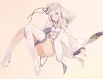  ass bare_shoulders boots double-breasted emilia_(re:zero) full_body high_heels kikkaiki long_hair pink_background purple_eyes re:zero_kara_hajimeru_isekai_seikatsu revision simple_background smile solo thigh_boots thighhighs white_footwear white_hair white_legwear 