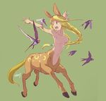  1girl bird blonde_hair braid centaur dated female monster_girl navel no_nipples open_mouth original simple_background topless ttmary 