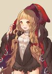 adjusting_clothes ass_visible_through_thighs bangs blonde_hair blunt_bangs breasts brown_background cleavage cloak cowboy_shot eyebrows_visible_through_hair highres hood hooded_cloak jehyun little_red_riding_hood_(sinoalice) long_hair long_sleeves open_mouth simple_background sinoalice small_breasts very_long_hair 
