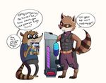  armor babynarwhal cartoon_network comic_book duo guardians_of_the_galaxy knee_pads mammal marvel raccoon regular_show rigby_(regular_show) rocket_raccoon text weapon 