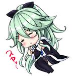  black_legwear blue_neckwear blush_stickers chibi closed_eyes commentary_request detached_sleeves green_hair hair_ornament hair_ribbon hairclip k_hiro kantai_collection long_hair lowres lying parted_lips pleated_skirt ponytail ribbon school_uniform serafuku simple_background skirt sleeping solo thighhighs translation_request white_background yamakaze_(kantai_collection) zettai_ryouiki 