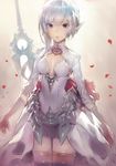 black_eyes center_opening gloves matsuda_(matsukichi) petals sinoalice skirt snow_white_(sinoalice) solo sword weapon white_hair 