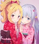  &gt;:) absurdres blonde_hair blue_hair bow brown_eyes drill_hair eromanga_sensei eyebrows_visible_through_hair floral_print green_eyes hair_bow highres holding_hands izumi_sagiri japanese_clothes kimono kukie-nyan long_hair looking_at_viewer low_twintails multiple_girls pink_bow pink_kimono pointy_ears red_bow red_kimono silver_hair smile twin_drills twintails upper_body v-shaped_eyebrows yamada_elf 