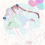  2girls ^_^ anniversary asagumo_(kantai_collection) balloon bangs bare_shoulders bird blue_ribbon blue_skirt blush bow brown_hair closed_eyes eyebrows_visible_through_hair eyes_closed flower full_body green_skirt grey_hair hair_ribbon hair_tie hairband heart heart_balloon highres holding holding_balloon hug kantai_collection long_hair multiple_girls open_mouth petals puffy_sleeves ribbon sandals shakemi_(sake_mgmgmg) skirt smile twintails yamagumo_(kantai_collection) yellow_eyes 