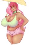  2017 alternate_species anthro big_breasts blue_eyes breasts cleavage clothed clothing equine female fluttershy_(mlp) friendship_is_magic hair huge_breasts humanoid long_hair mammal my_little_pony pegasus pink_hair smile solo sundown_(artist) wings 