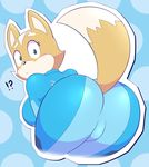  ?! acstlu anthro blush breasts butt canine clothing cosplay crossgender crossover female fox fox_mccloud fur green_eyes hi_res looking_at_viewer looking_back mammal metroid nintendo simple_background solo star_fox surprise tan_fur video_games white_fur zero_suit zero_suit_fox 