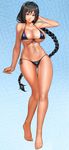 ass_visible_through_thighs bangs bare_arms bare_legs bare_shoulders barefoot bikini black_bikini black_hair borrowed_character braid breasts cleavage collarbone commentary front-tie_bikini front-tie_top full_body hair_between_eyes large_breasts long_hair looking_at_viewer metalbolic navel original parted_lips purple_eyes side-tie_bikini single_braid solo standing stomach stomach_tattoo swimsuit tattoo thigh_gap tsurime very_long_hair 