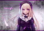  black_bow black_ribbon blonde_hair bow dated dress headdress long_hair looking_at_viewer purple_eyes revision ribbon roman signature solo sound_horizon violette wangchuan_de_quanyan 