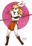  2006 blonde_hair blue_eyes clothed clothing female fur gabrielle_(xena) hair hi_res lagomorph mammal rabbit television terrie_smith traditional_media_(artwork) xena_warrior_princess 