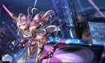  albino ass_visible_through_thighs belt black_gloves blurry breasts building city covered_navel depth_of_field dutch_angle fingerless_gloves from_above gloves glowing glowing_sword glowing_weapon headgear helipad holding holding_sword holding_weapon large_breasts long_hair looking_at_viewer machinery mecha_musume night night_sky original outdoors outstretched_arms red_eyes revision rooftop searchlight sideboob signature sky skyscraper sleeveless solo standing standing_on_one_leg sword thighhighs very_long_hair wangchuan_de_quanyan weapon white_hair 