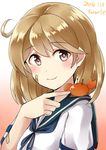  ahoge artist_name bandaid bandaid_on_arm bandaid_on_face brown_eyes brown_hair commentary_request crab dated highres kamelie kantai_collection looking_at_viewer oboro_(kantai_collection) school_uniform serafuku short_hair smile solo 