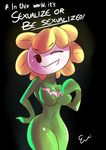  2016 absurd_res anthro anthrofied black_background breasts crossgender digital_media_(artwork) english_text featureless_breasts female flora_fauna flower flowey_the_flower hand_on_hip hi_res looking_at_viewer non-mammal_breasts one_eye_closed plant pose rizkitsuneki signature simple_background smile solo standing text thick_thighs undertale video_games voluptuous wide_hips wink 