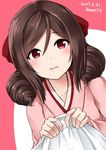  artist_name brown_hair commentary_request dated drill_hair hair_ribbon harukaze_(kantai_collection) highres japanese_clothes kamelie kantai_collection long_hair looking_at_viewer red_eyes ribbon solo twin_drills 