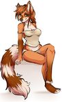  anthro barefoot blue_eyes braided_hair breasts brown_hair clothed clothing female hair mammal red_panda robyn_paperdoll simple_background sitting smile white_background 