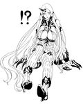  !? 1girl absurdly_long_hair boots breasts claws cleavage collar cosmic_bear detached_sleeves dress full_body greyscale high_collar high_heel_boots high_heels horn kantai_collection large_breasts lineart long_hair looking_at_viewer monochrome ribbed_dress seaport_water_oni shinkaisei-kan short_dress sitting solo spoken_exclamation_mark thigh_boots thighhighs very_long_hair 