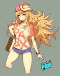  :d artist_name bag bangs baseball_cap blue_eyes blue_shorts bracelet breasts collarbone cropped_legs dated denim denim_shorts fbc grey_background hat headgear idolmaster idolmaster_cinderella_girls jewelry large_breasts long_hair looking_at_viewer messy_hair ootsuki_yui open_mouth orange_hair pink_hat shiny shiny_hair shiny_skin shirt short_sleeves shorts sidelocks signature simple_background smile solo spiked_hair t-shirt 