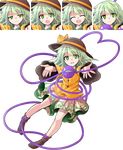  :d :o alphes_(style) bangs black_hat bow brown_legwear closed_eyes closed_mouth commentary_request dairi eyebrows_visible_through_hair floral_print full_body green_eyes green_hair green_skirt hair_between_eyes hat hat_bow highres komeiji_koishi long_sleeves looking_at_viewer multiple_views no_hat no_headwear no_shoes open_mouth parody print_skirt skirt smile socks style_parody sweat tachi-e third_eye touhou transparent_background yellow_bow 