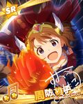  blue_eyes blush brown_hair cape card_(medium) character_name gloves happy hat hero horns idolmaster idolmaster_million_live! power short_hair suou_momoko 