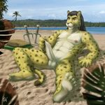  anthro balls beach erection feline foreskin_pull humanoid_penis looking_at_viewer male mammal muscular nude outside penis rov seaside smile solo uncut 