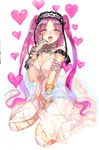  :d blush breasts cleavage dress fate/hollow_ataraxia fate_(series) hairband heart lolita_hairband long_hair looking_at_viewer open_mouth purple_eyes purple_hair sitting small_breasts smile solo stheno suisogenshi twintails 