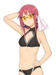  1girl bikini black_bikini blush breasts brown_hair hair_ornament hair_ribbon navel nwahasu ribbon sakura_trick small_breasts smile solo sunglasses swimwear takayama_haruka 