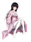  absurdres black_hair blouse blush breasts cherry_blossoms closed_mouth commentary_request floral_print full_body highres hime_cut houraisan_kaguya kagi_f long_hair long_sleeves looking_at_viewer medium_breasts pantyhose pink_blouse red_eyes sidelocks smile solo touhou very_long_hair white_legwear wide_sleeves 