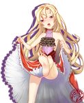  1girl bare_shoulders barefoot blonde_hair blush dress_lift fangs feet long_hair looking_at_viewer one_leg_raised open_mouth red_eyes soles toes 