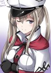  ;) artist_name blonde_hair breasts celtic_knot closed_mouth commentary_request crossed_arms dated gloves graf_zeppelin_(kantai_collection) hat highres iron_cross kamelie kantai_collection large_breasts long_hair looking_at_viewer one_eye_closed peaked_cap purple_eyes smile solo twintails 