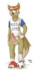  2016 anthro ball balls better_version_at_source blue_eyes blush bottomless canine clothed clothing digital_media_(artwork) erection eyewear feet fifa full-length_portrait fur goggles humanoid_penis male mammal marblesoda mascot pants_around_one_leg partially_retracted_foreskin paws penis portrait russia russian shorts signature simple_background soccer soccer_ball solo sport step_pose sweat toes tongue tongue_out uncut wolf zabivaka 