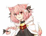  animal_ears astolfo_(fate) blush braid capelet cat_ears catboy ear_wiggle fang fate/apocrypha fate_(series) fur_trim hair_ribbon long_hair looking_at_viewer male_focus open_mouth otoko_no_ko pink_hair red_eyes ribbon shika_tsui single_braid smile solo sweatdrop 