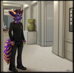  5_fingers anthro black_nose canine clothed clothing detailed_background fennec fox fur hair male mammal purple_fur purple_hair robyn_paperdoll solo standing 