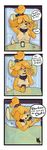  2017 animal_crossing anthro bed_sheet bedding breasts canine cellphone clothed clothing collar comic digital_media_(artwork) dog drugs e3 female fur headband isabelle_(animal_crossing) looking_at_viewer lying_on_bed mammal marijuana newd nintendo nipples nude phone pillow simple_background smoking solo text topless video_games yellow_fur 