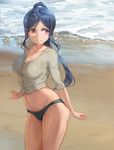  beach black_panties blue_hair blush breasts buttons cleavage closed_mouth collarbone highres legs_together long_hair love_live! love_live!_sunshine!! matsuura_kanan medium_breasts navel ocean outdoors outstretched_wrists panties ponytail purple_eyes sand shiny shiny_skin shirt smile solo standing underwear very_long_hair water white_shirt yohan1754 