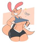  anthro big_breasts breasts brown_eyes clothing female gloves happy hi_res kangaroo kilinah mammal marsupial midriff muscular muscular_female shorts simple_background split_(character) sweat thick_thighs wide_hips 