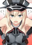  angry artist_name bare_shoulders bismarck_(kantai_collection) blonde_hair blue_eyes breasts dated detached_sleeves gloves gradient gradient_background hands_on_hips hat highres kamelie kantai_collection large_breasts leaning_forward long_hair looking_at_viewer open_mouth peaked_cap solo 